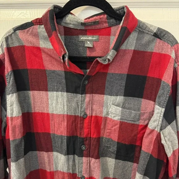 Eddie Bauer Mens TXL Plaid Flannel Long Sleeve‎ Button Down Shirt Red Black Gray - Picture 8 of 12